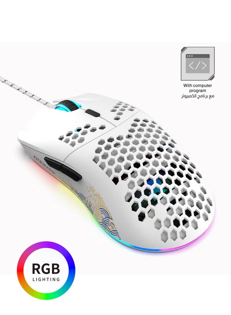 ROCK POW Honeycomb Gaming Mouse Ultralight High-Precision 8000 DPI Optical Sensor 6 Programmable Buttons RGB,Ergonomic Wired RGB Gaming Mice for Mac, Laptop, Computer
